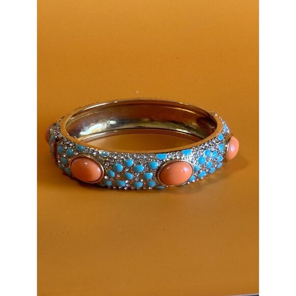 Stella and Dot Turquoise Coral Rhinestone Hinged Bangle Bracelet - Picture 5 of 5